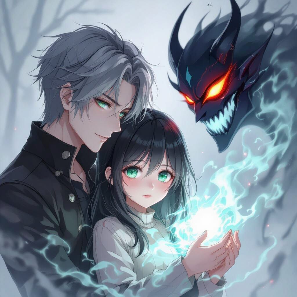 Azure-Eyed Girl and Vampire in Watercolor Style