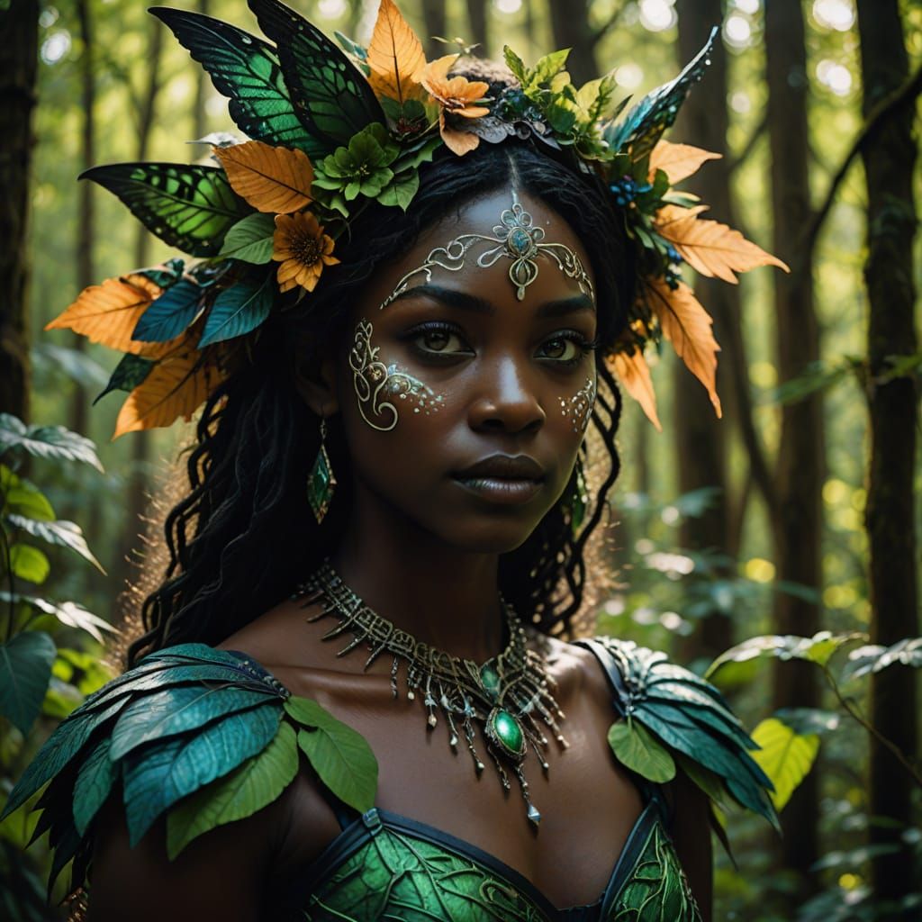 Senegalese Fairy Portrait with Green Eyes in Hyperrealism