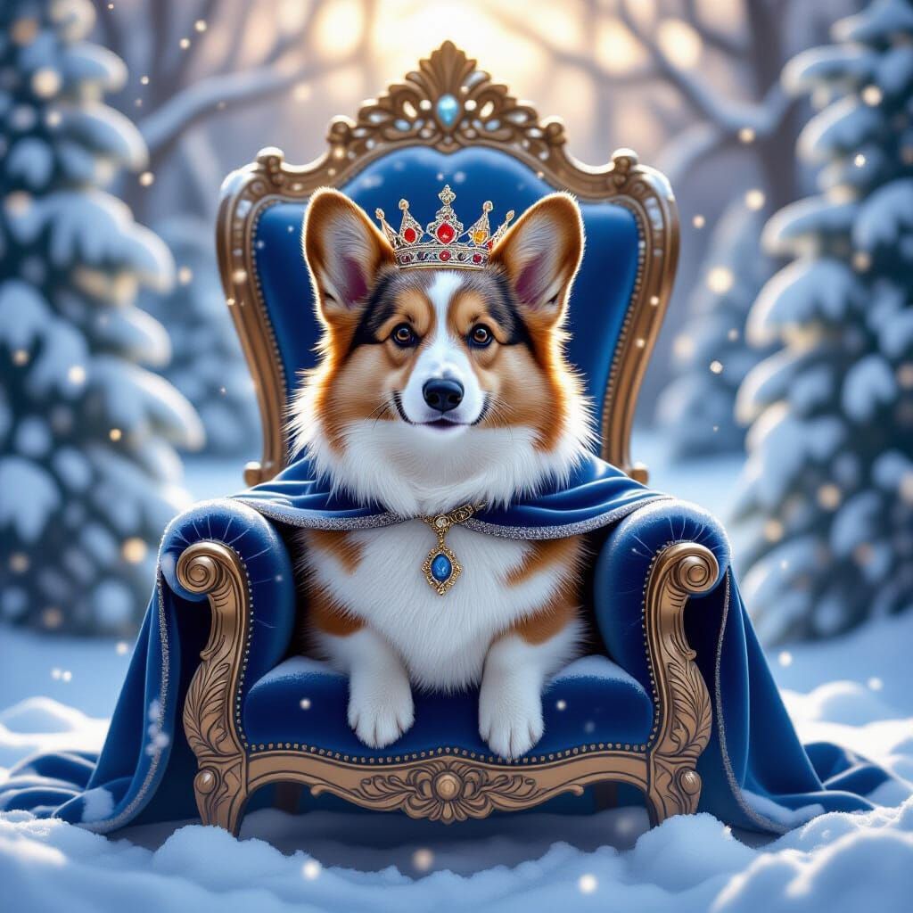 Regal Corgi King on Throne in Snowy Garden