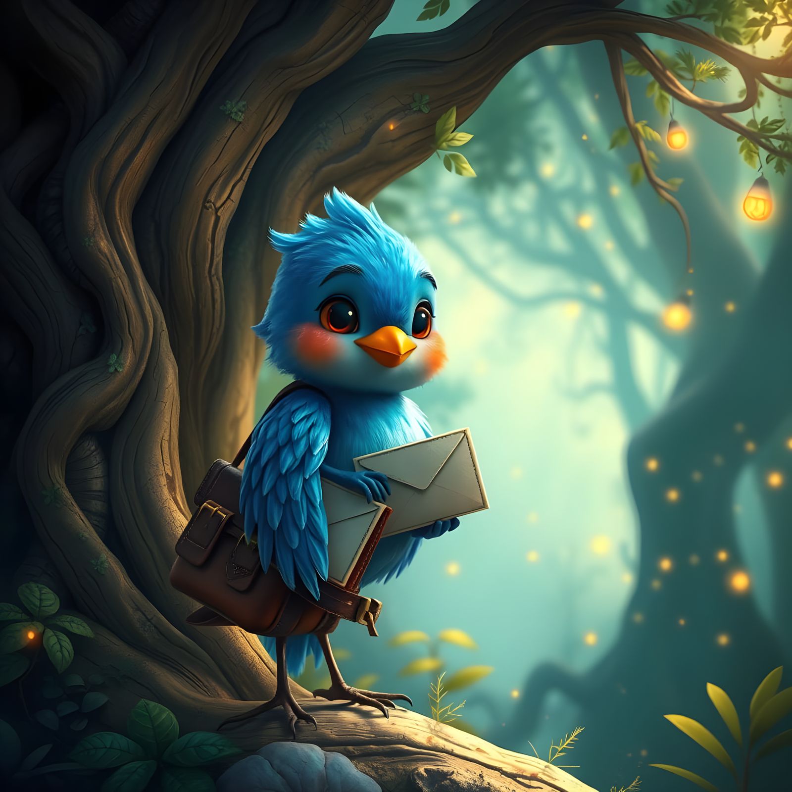 Whimsical Bluebird Mail Carrier in Vibrant Fantasy World