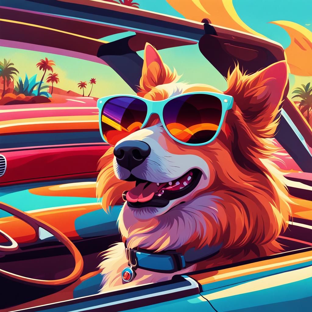 Dog Drives Convertible: Retro-Style Digital Art