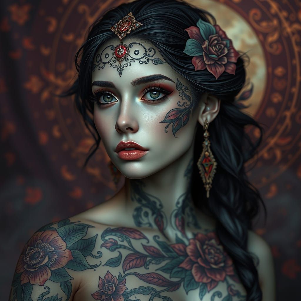 Mystical Tattooed Woman in Art Nouveau Fantasy