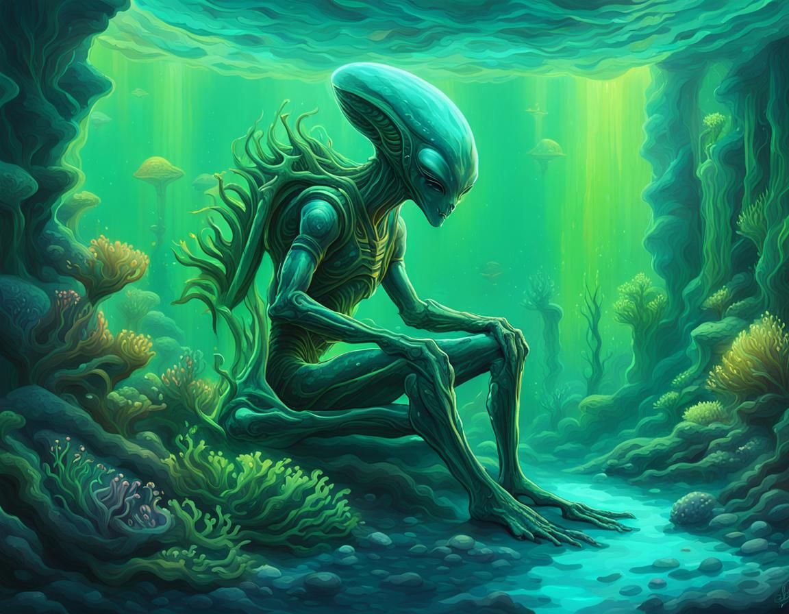 Alien in Underwater Chamber with Bioluminescent Lighting