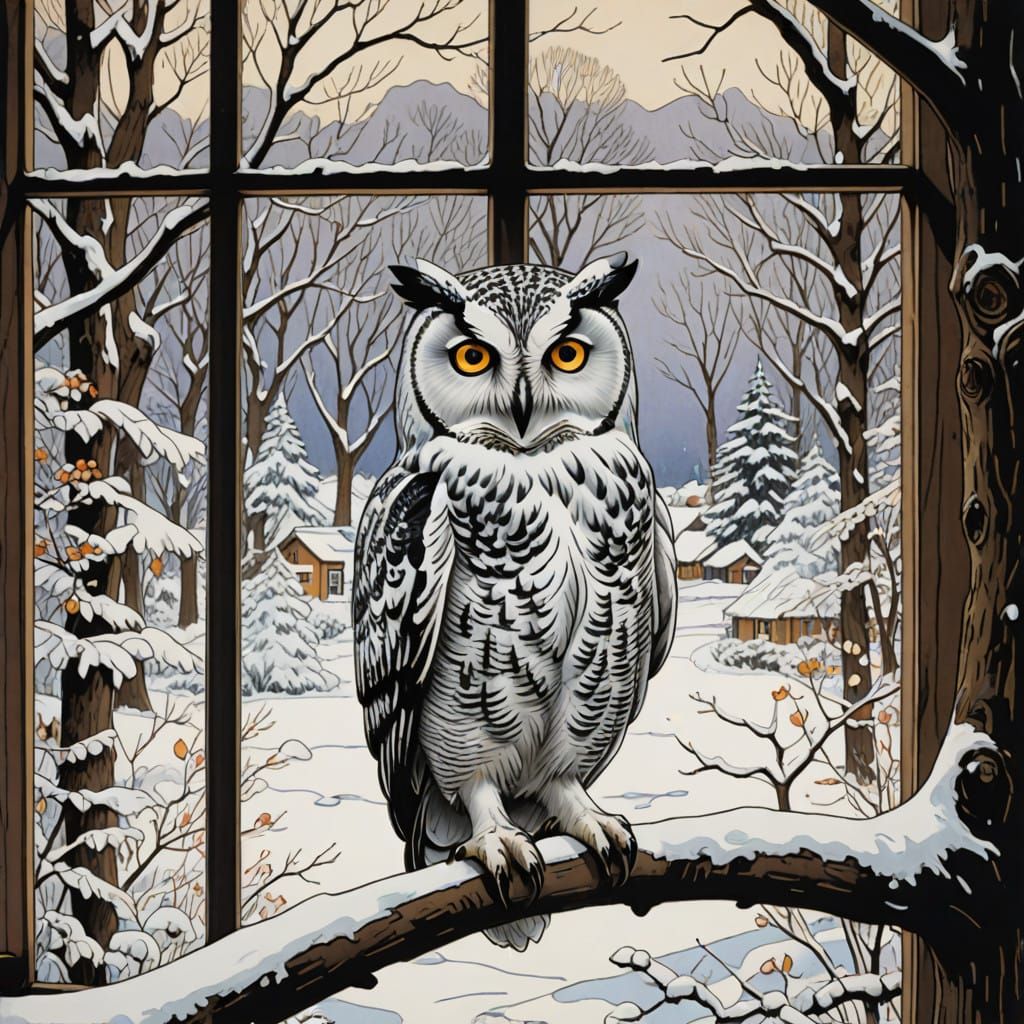 Whimsical Owl Looks in at Children in a Snowy Scene