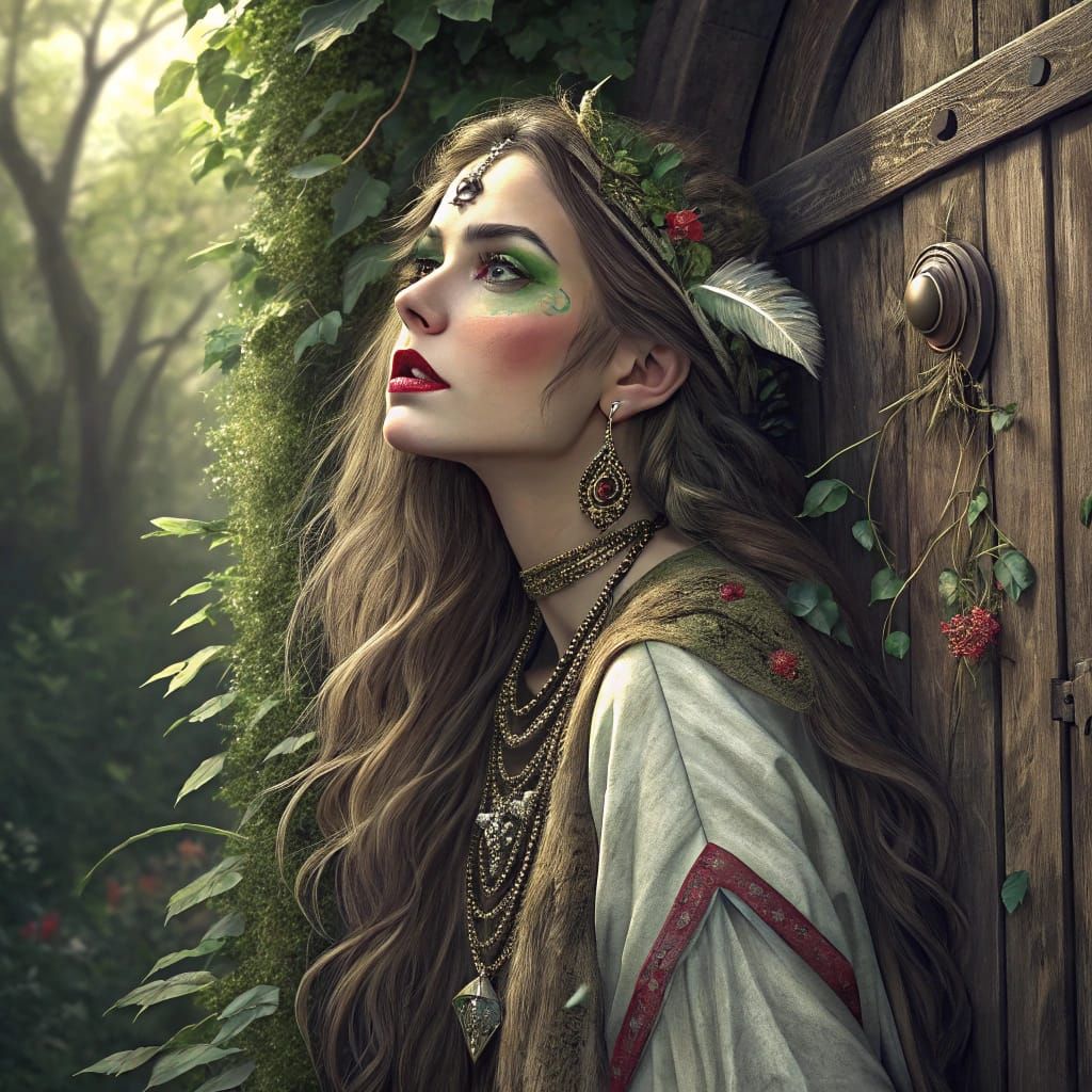 This young woman, with long flowing hair, green eyeshadow, lipstick, adorned with small feathers and floral elements, st...