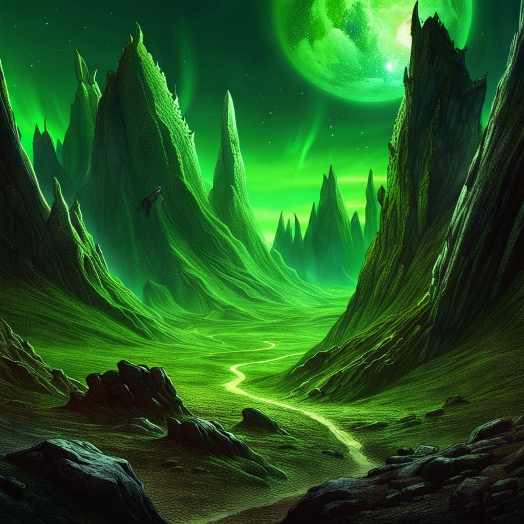 Beryllium Mountains Under a Green Star: Sci-Fi Landscape