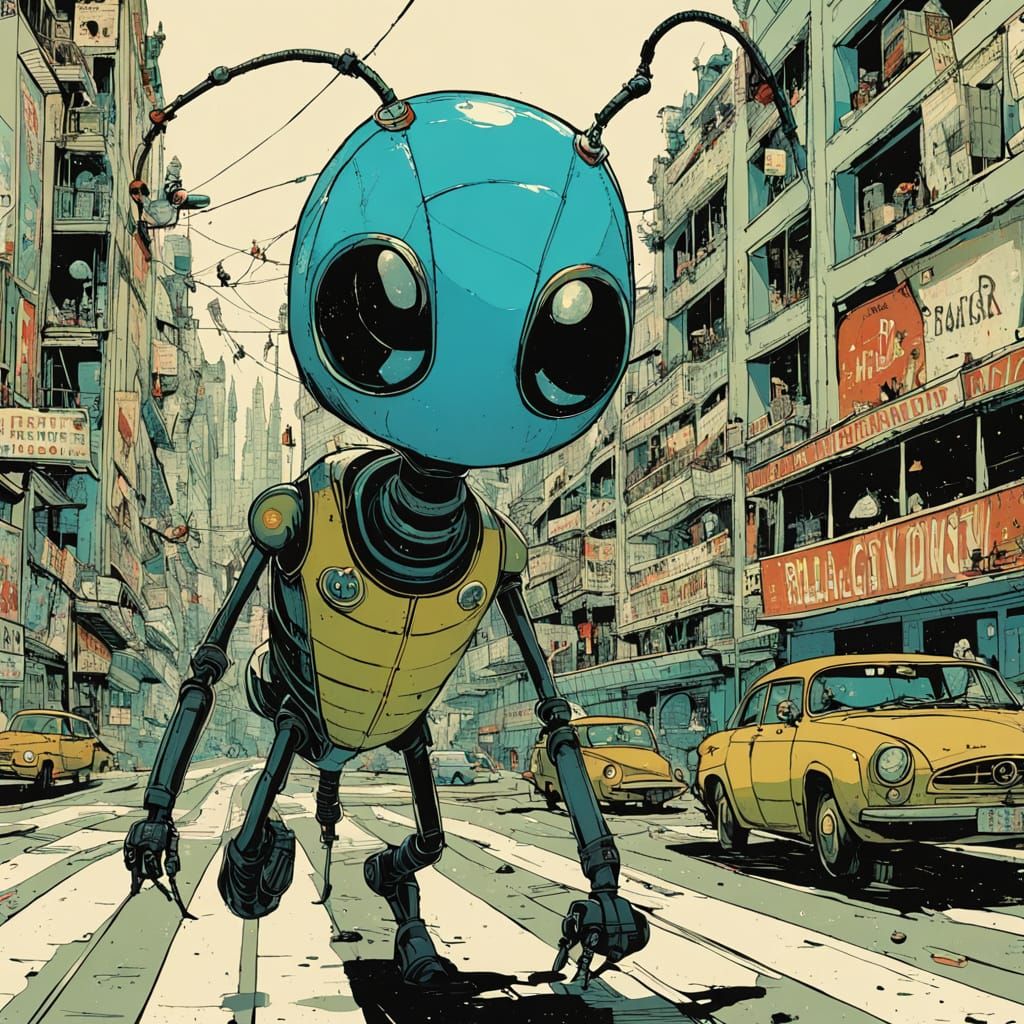 Giant Cyborg Ant in Minimalist Futuristic Cityscape