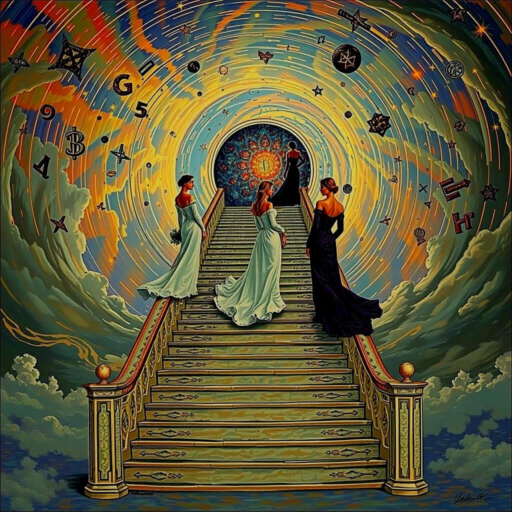 Elegant Women Ascend Celestial Staircase in Hyperrealistic S...