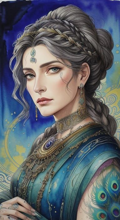 Hera Portrait in Watercolor with Peacock Hues