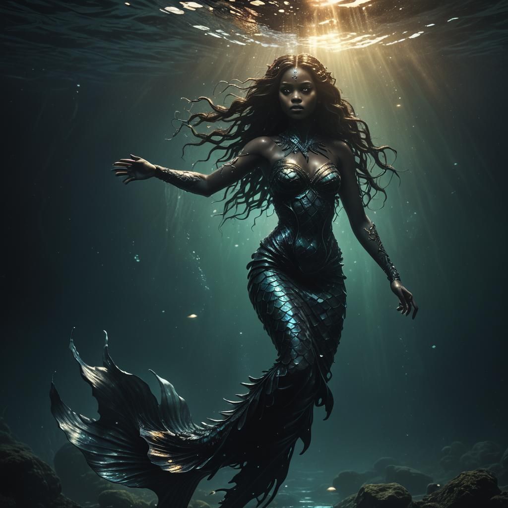Dark Mermaid with Glowing Face in Dark Waters