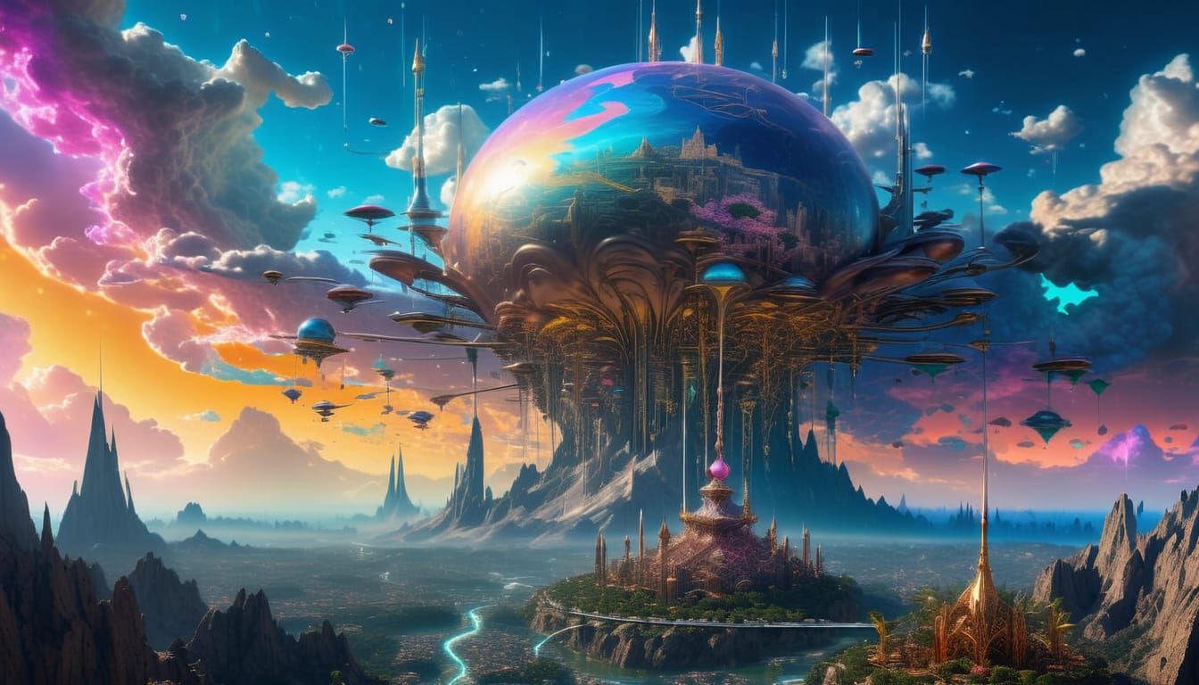 3D above view beautiful solarpunk aetherpunk idyllic utopian world with vast lush undulating landscape filled with thous...