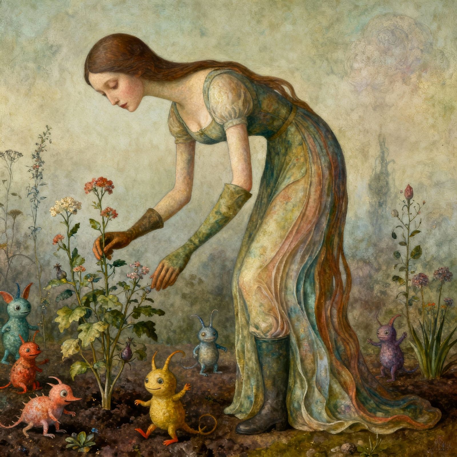 Whimsical Surrealist Gardener with Playful Creatures