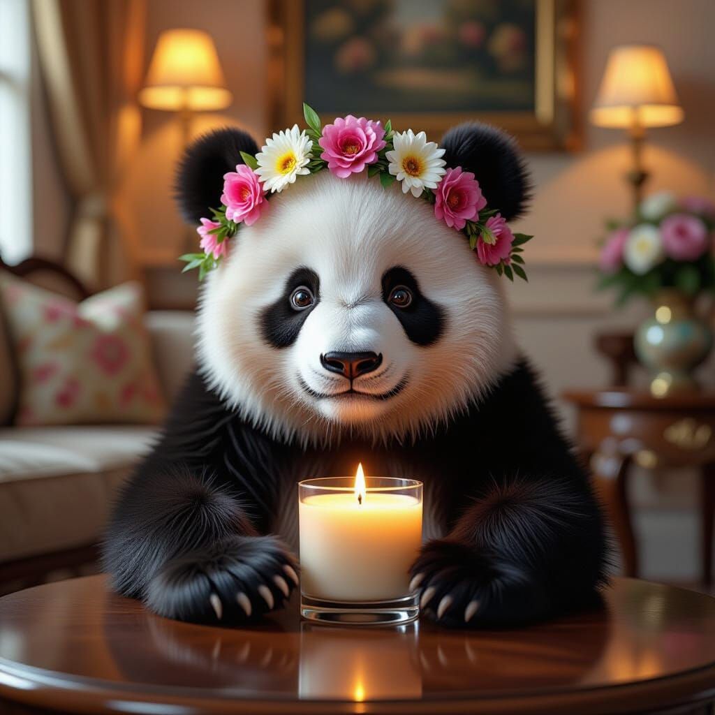Panda with Floral Crown Beside Candle
