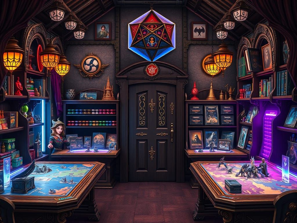Fantasy RPG Store Scene with Elaborate Tables and Decor