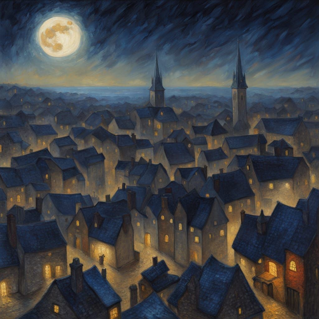Pointillist Medieval Town Under Bright Moon