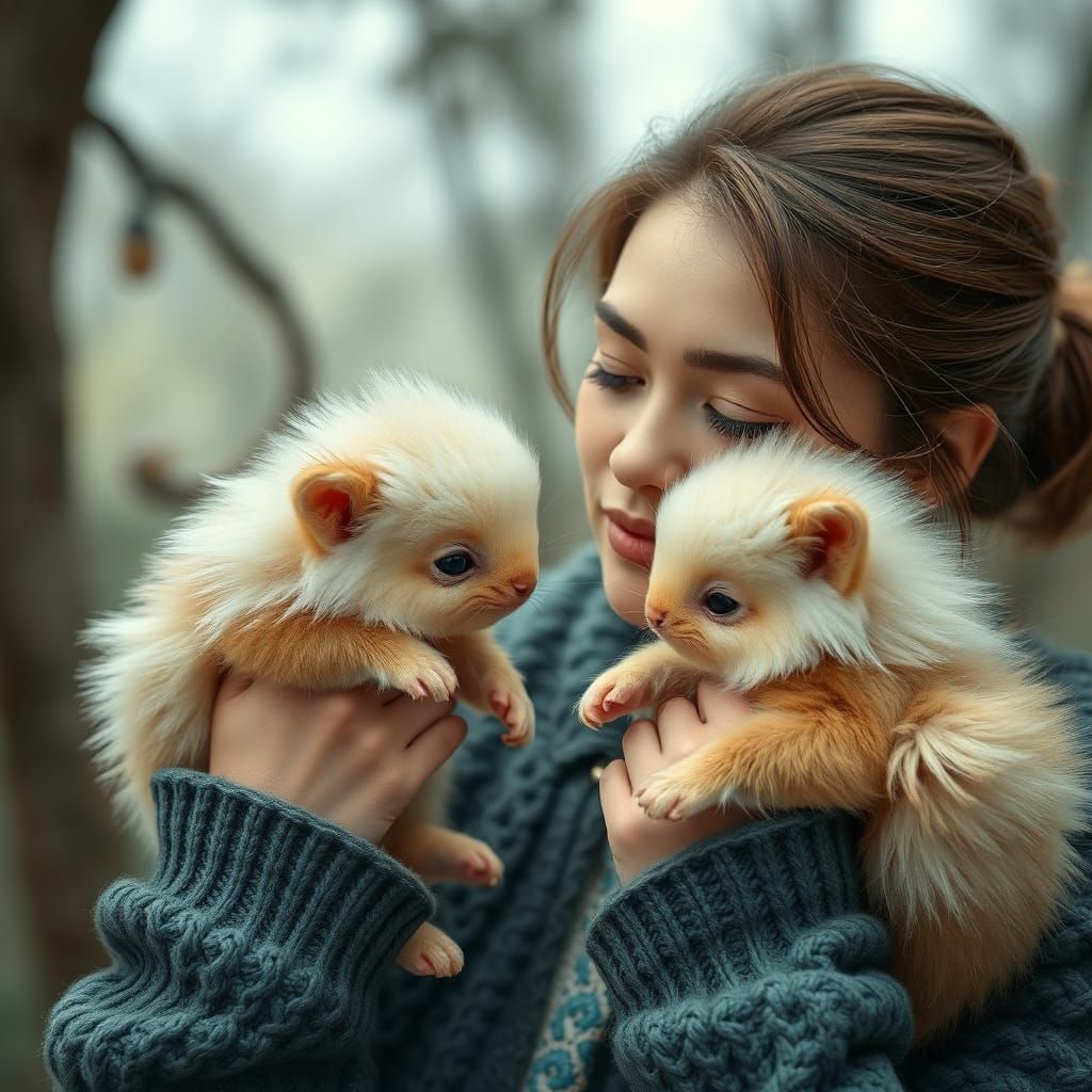 Beautiful Woman Playing with Fluffy Animals