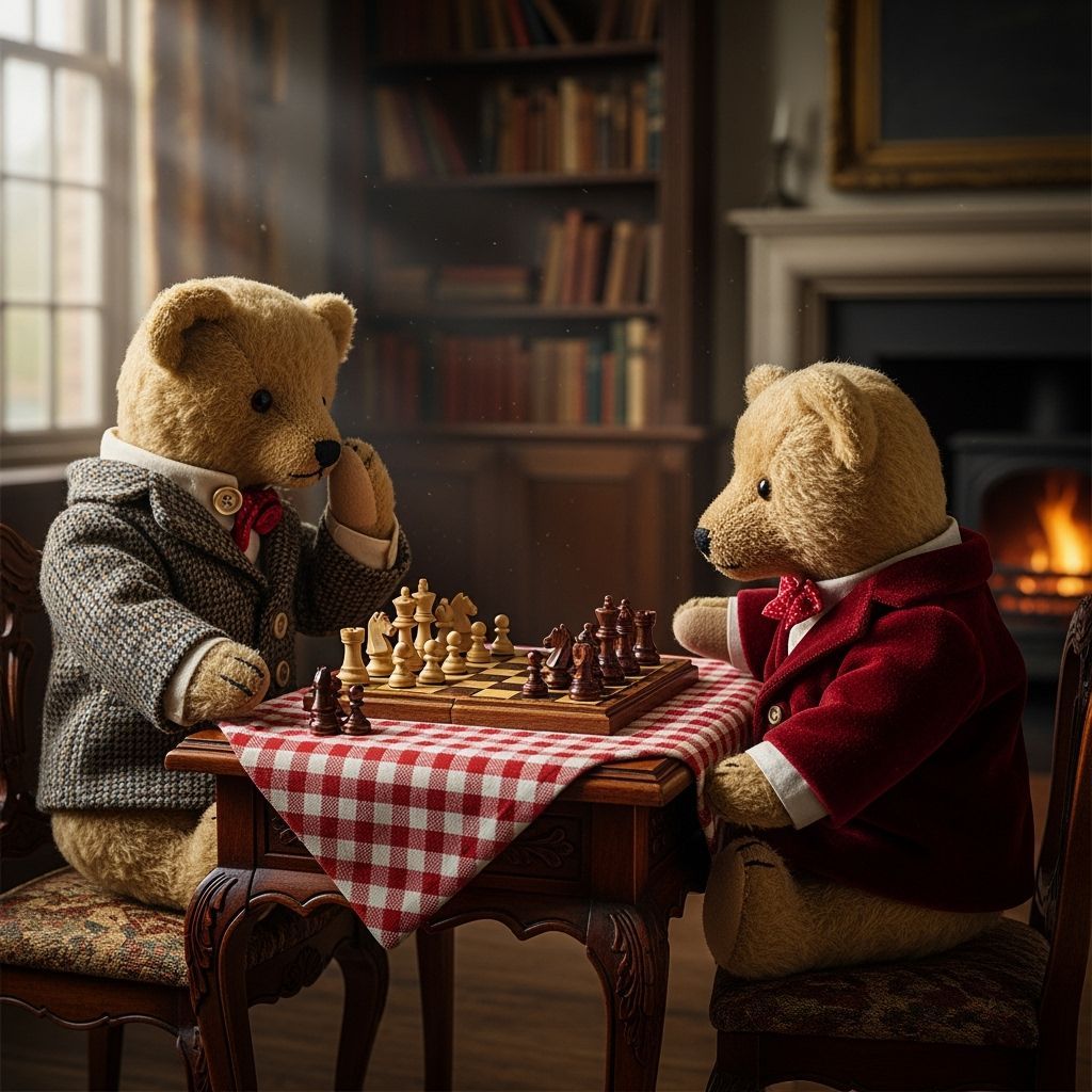 Antique Teddy Bears Play Chess in Cozy Study