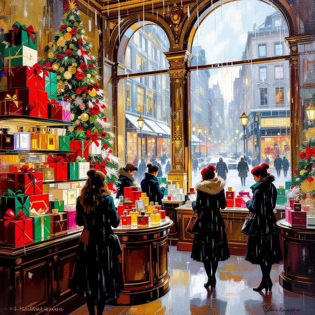 Christmas Shopping in Manhattan Department Store, Oil Painti...