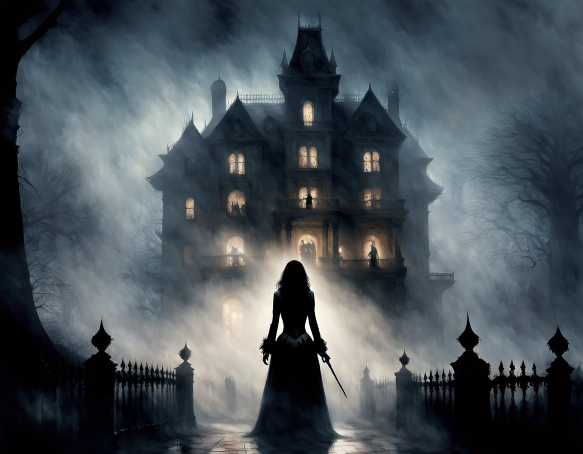 Eerie Gothic Mansion in Fog: A Watercolour Horror