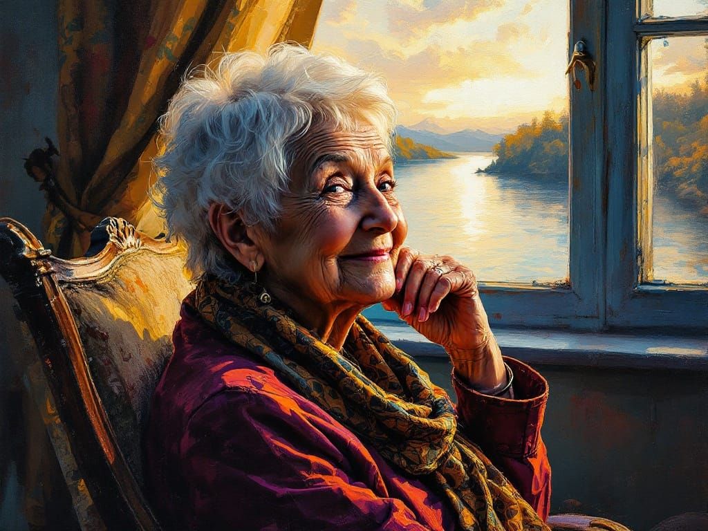Elderly Woman in Contemplative Mood, Oil Painting