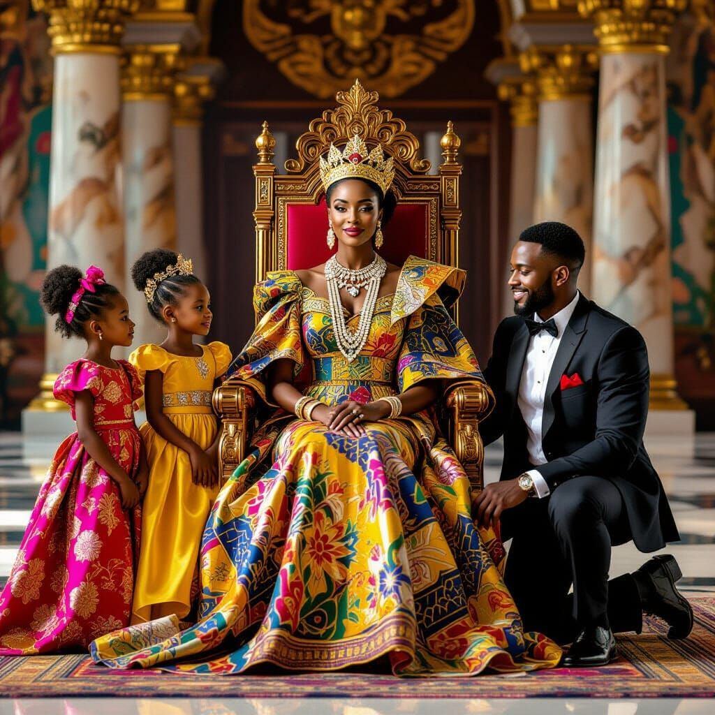 Regal African Queen on Throne in Grand Hall