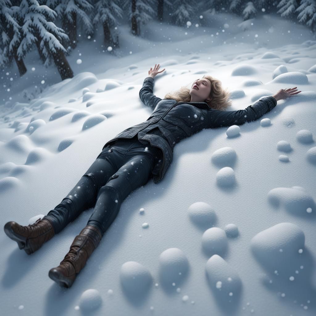 Woman Creates Snow Angel: Cinematic Digital Art