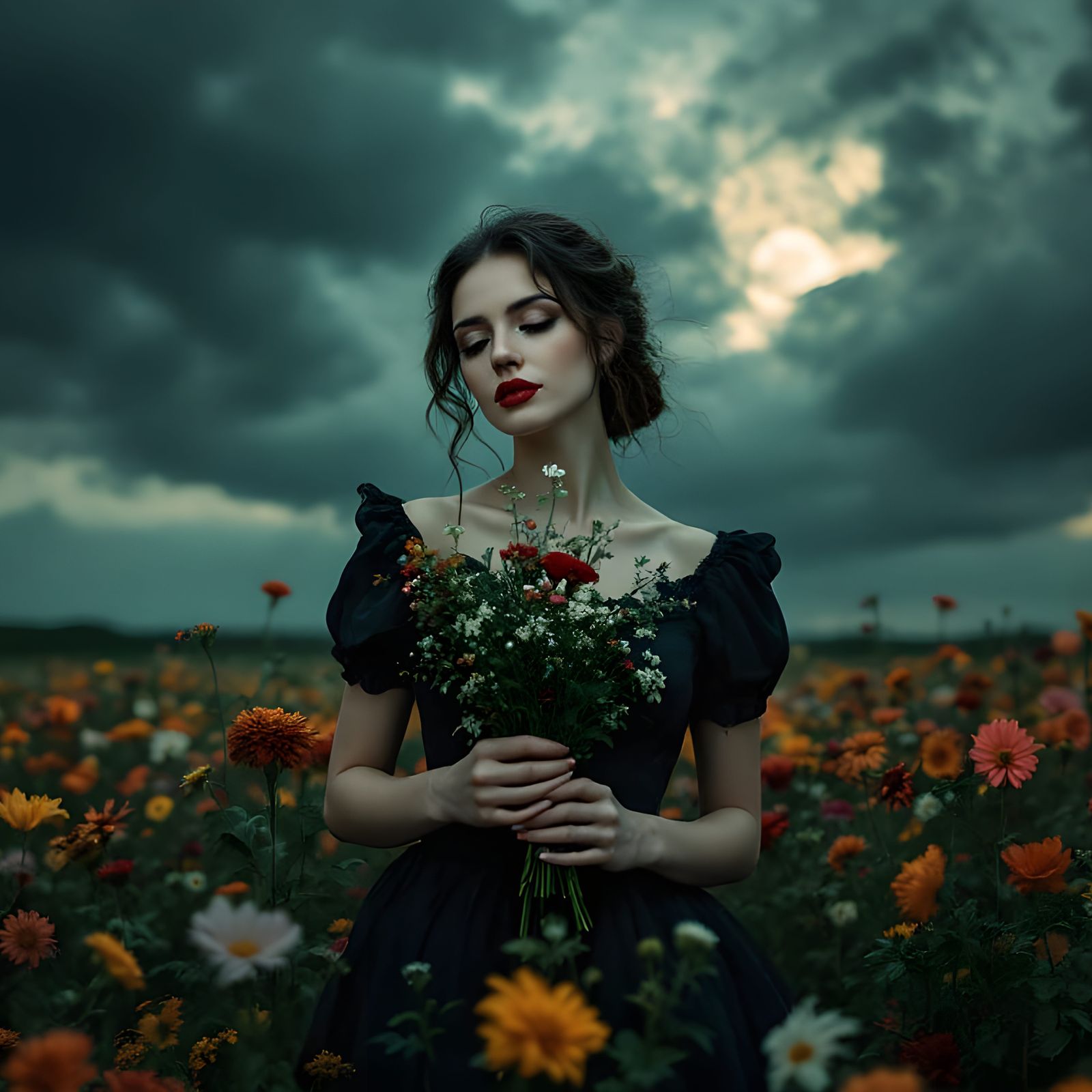 Mysterious Woman in Vivid Wildflowers under Stormy Skies