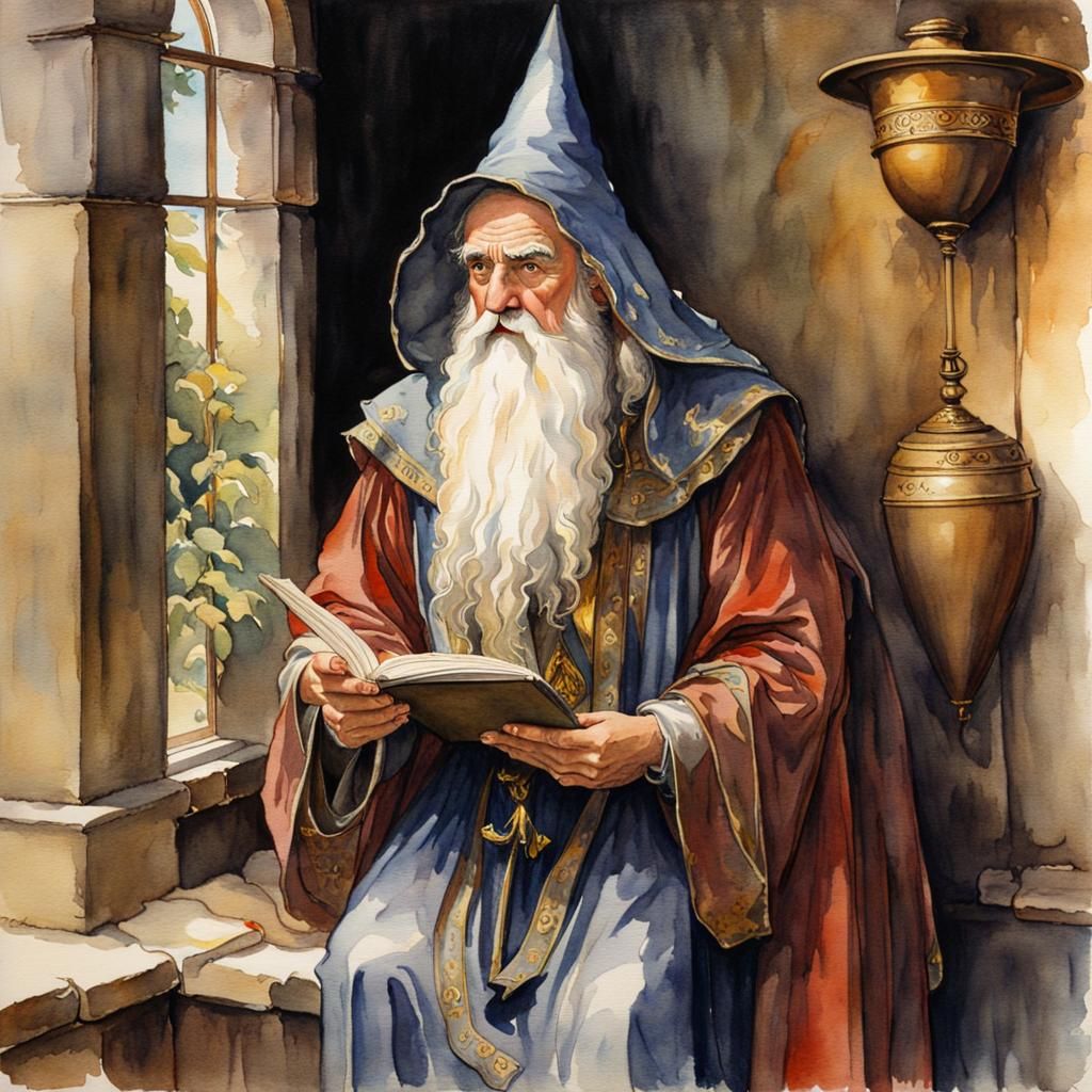 Wise Wizard Contemplates Weird Ways in Watercolor