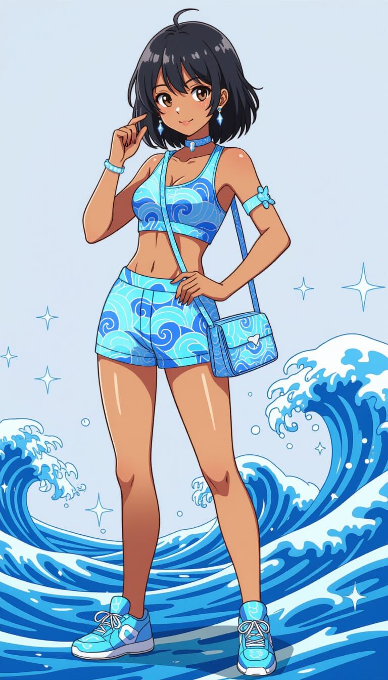 Anime Woman in Sparkly Blue Outfit with Wave Prints