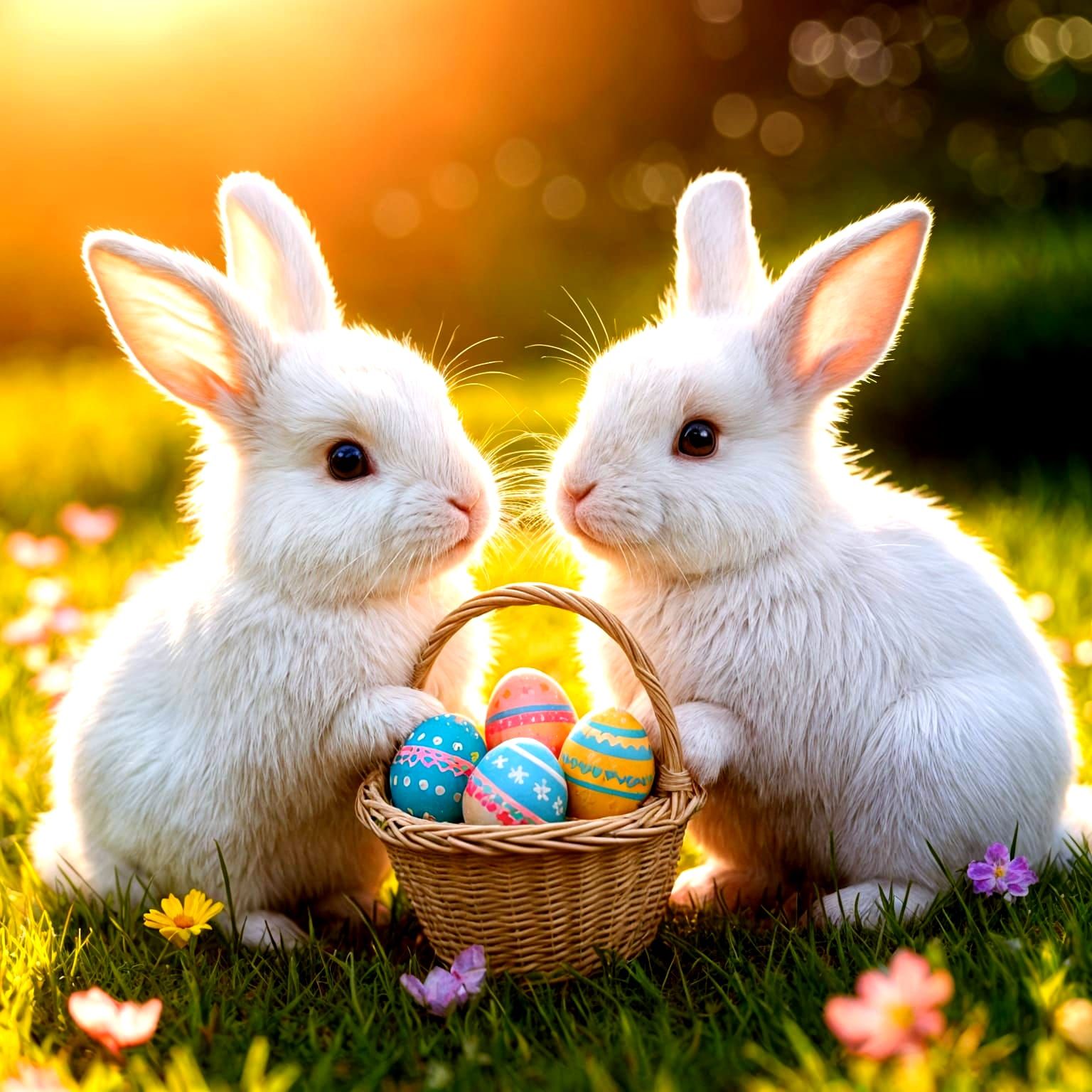 Whimsical Easter Bunnies in a Vibrant Sunlit Meadow