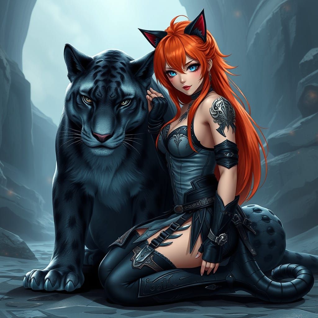 Goth Warrior with Panther in a Richly Detailed Fantasy Scene
