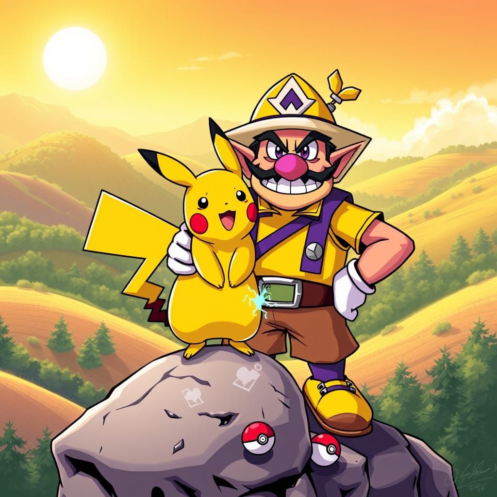 Vibrant Pokémon Trainer Wario and Pikachu in Dynamic Comic B...