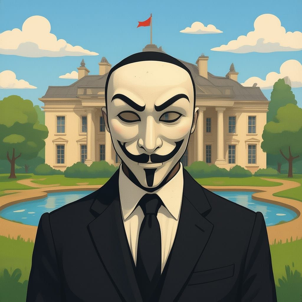 V for Vendetta Masked Figure Inspired by Banksy and Magritte