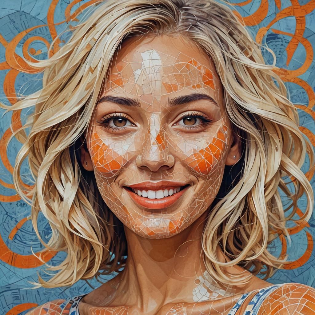 Stylized Portrait of Smiling Woman in Cubist Mixed Media