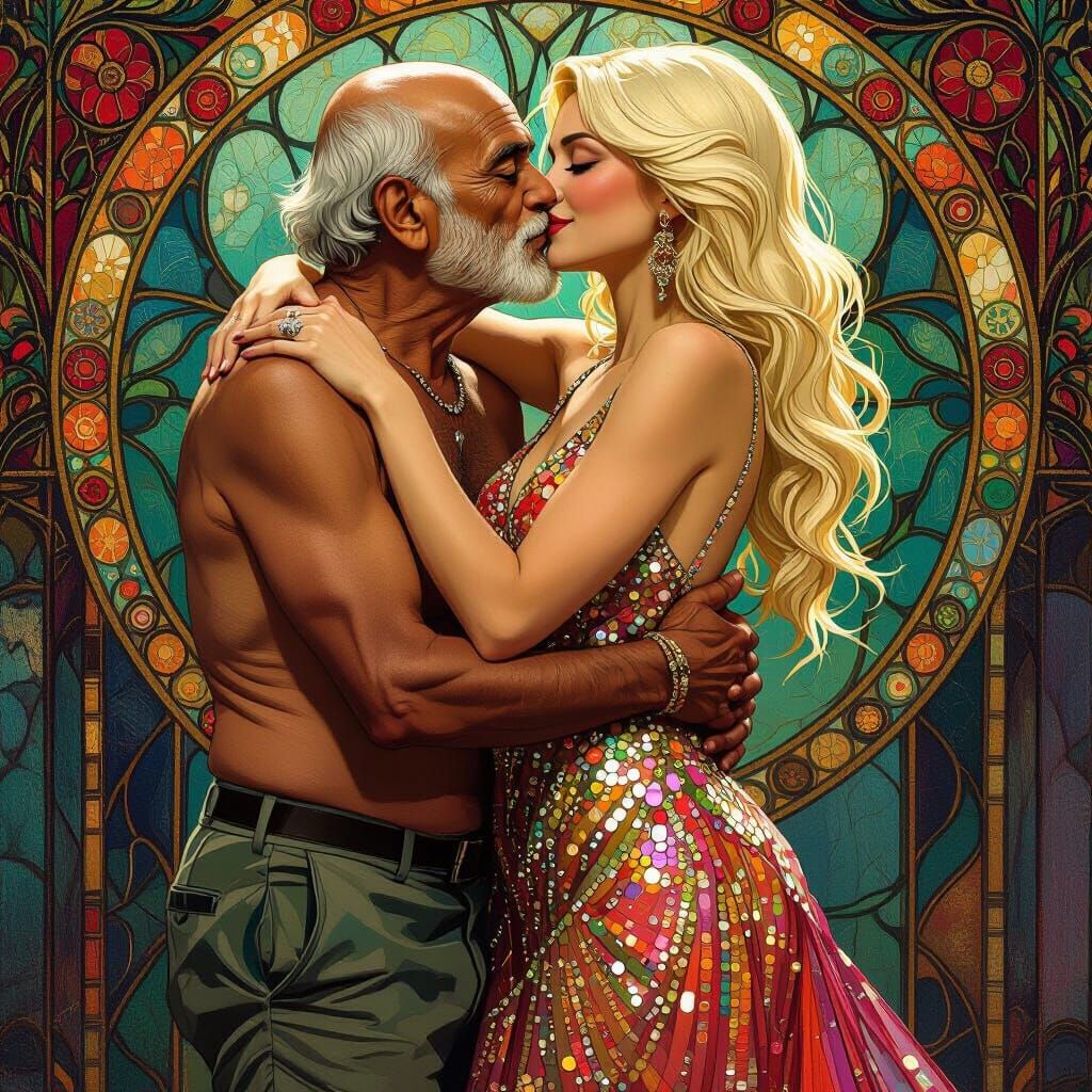 Affectionate Embrace in a Dazzling Gown: Art Nouveau Style