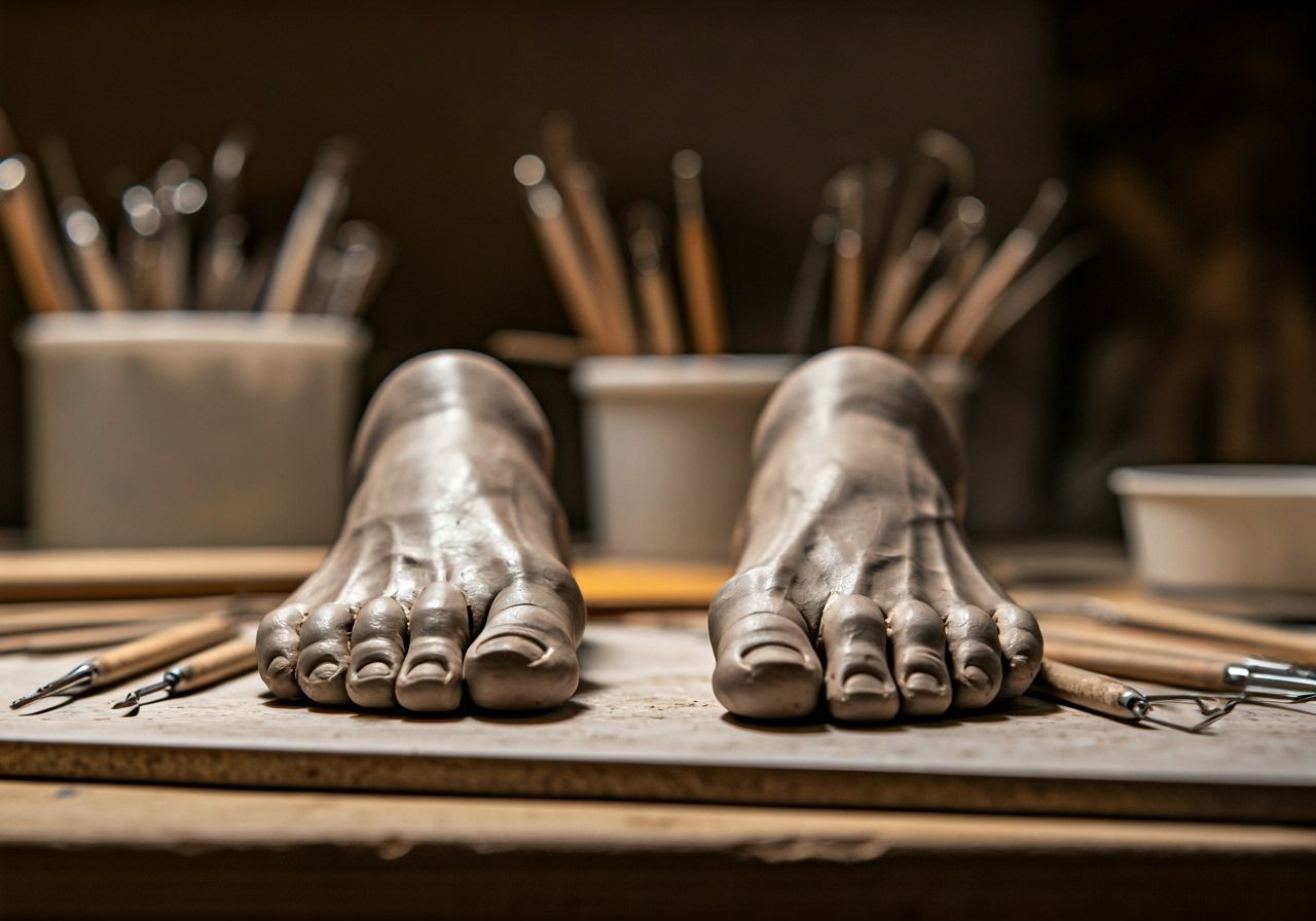 Hyperrealistic Clay Feet Sculpture on Workbench