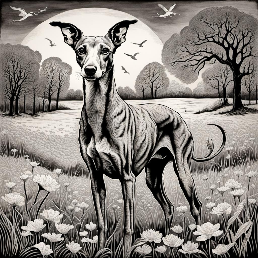 Bedlington Whippet and Buck Linocut Print