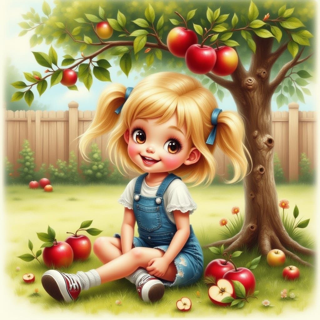Charming Caricature of a Little Girl Next to a Vintage Apple...