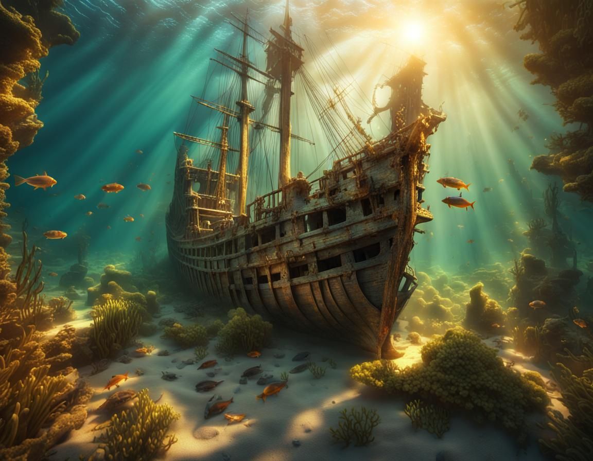 Sunken Shipwreck with Statue in 3D Rendering