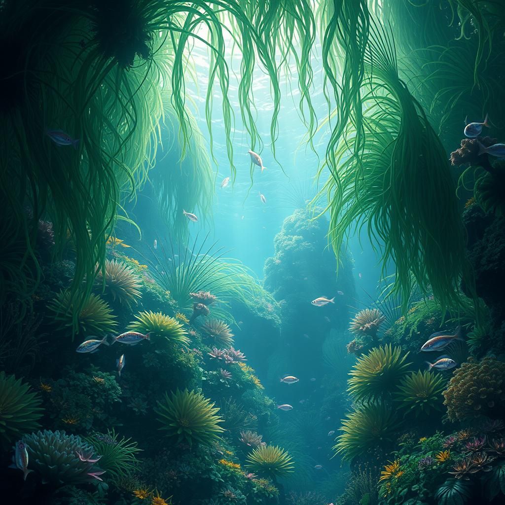 Ethereal Underwater Garden in Mystical Realism Style