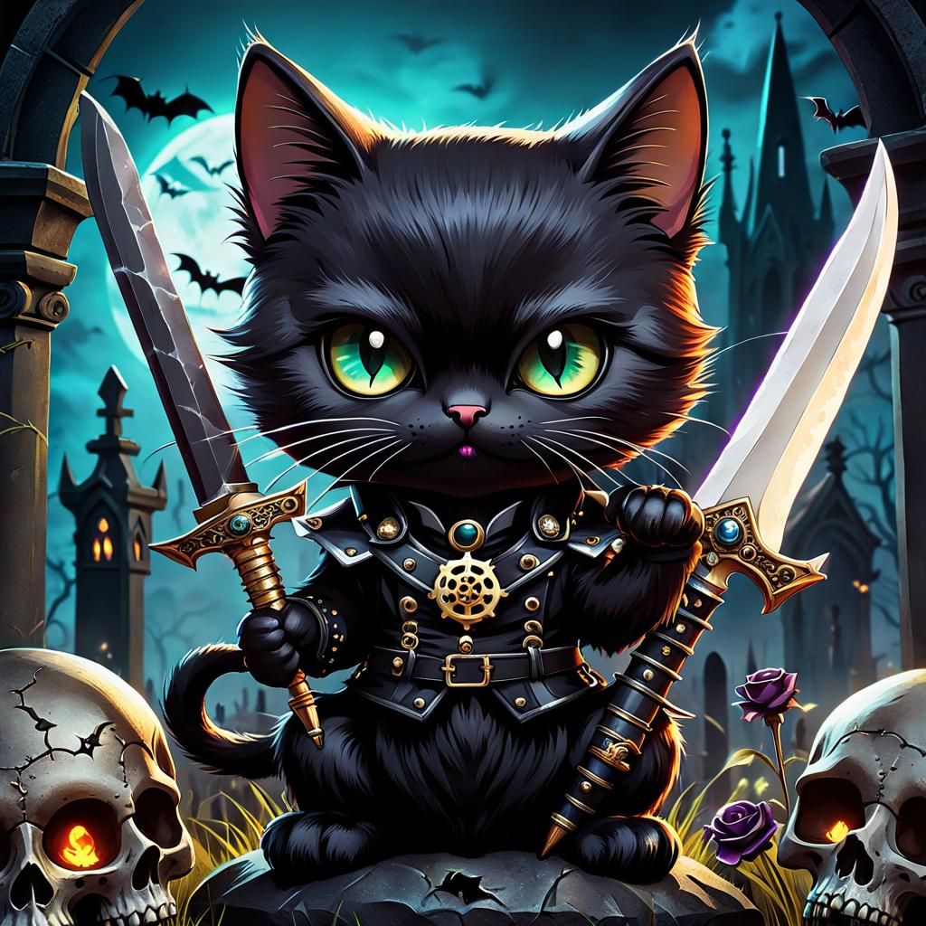 Chibi Steampunk Cat in Gothic Graveyard