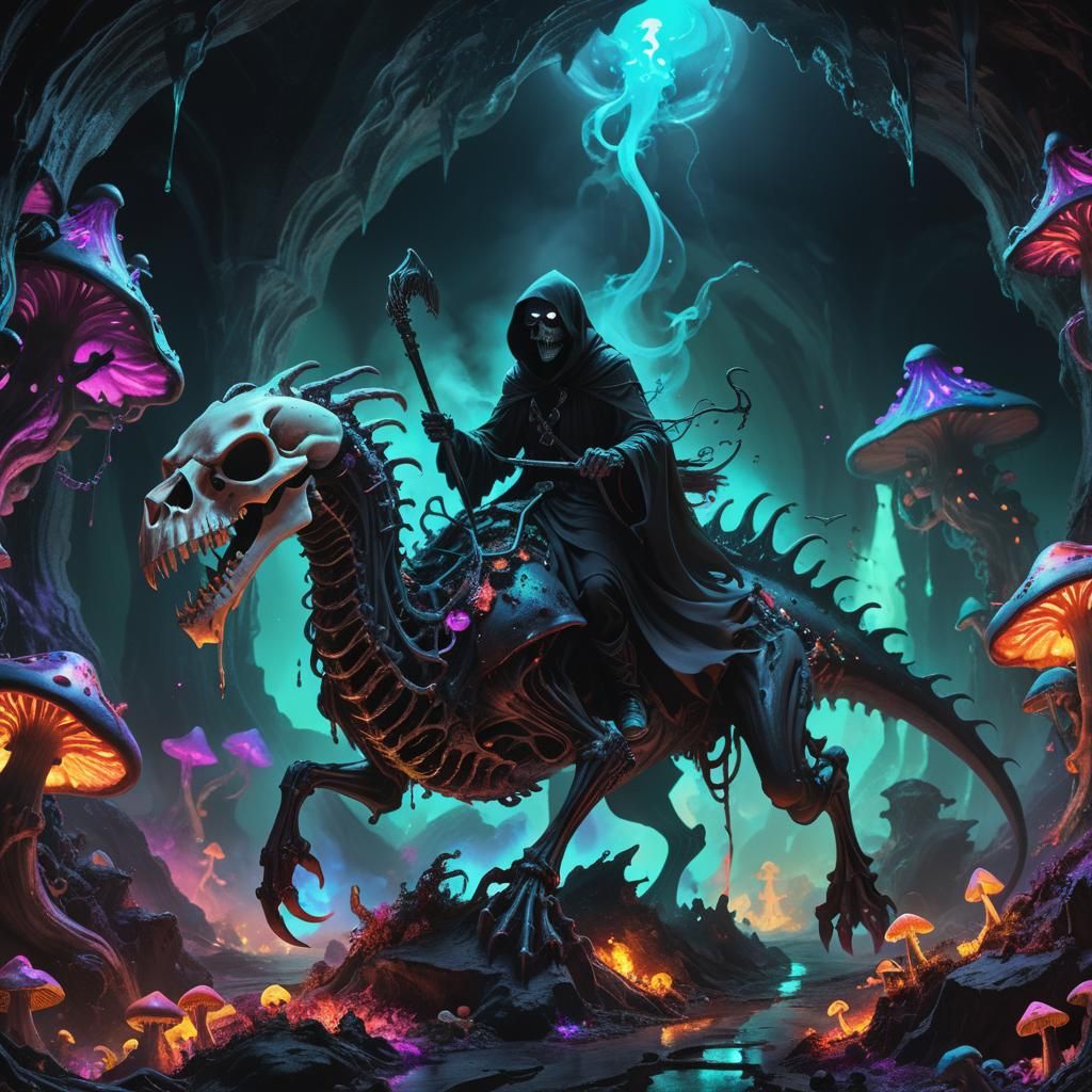 Grim Reaper on Dragon in Glowing Cavern
