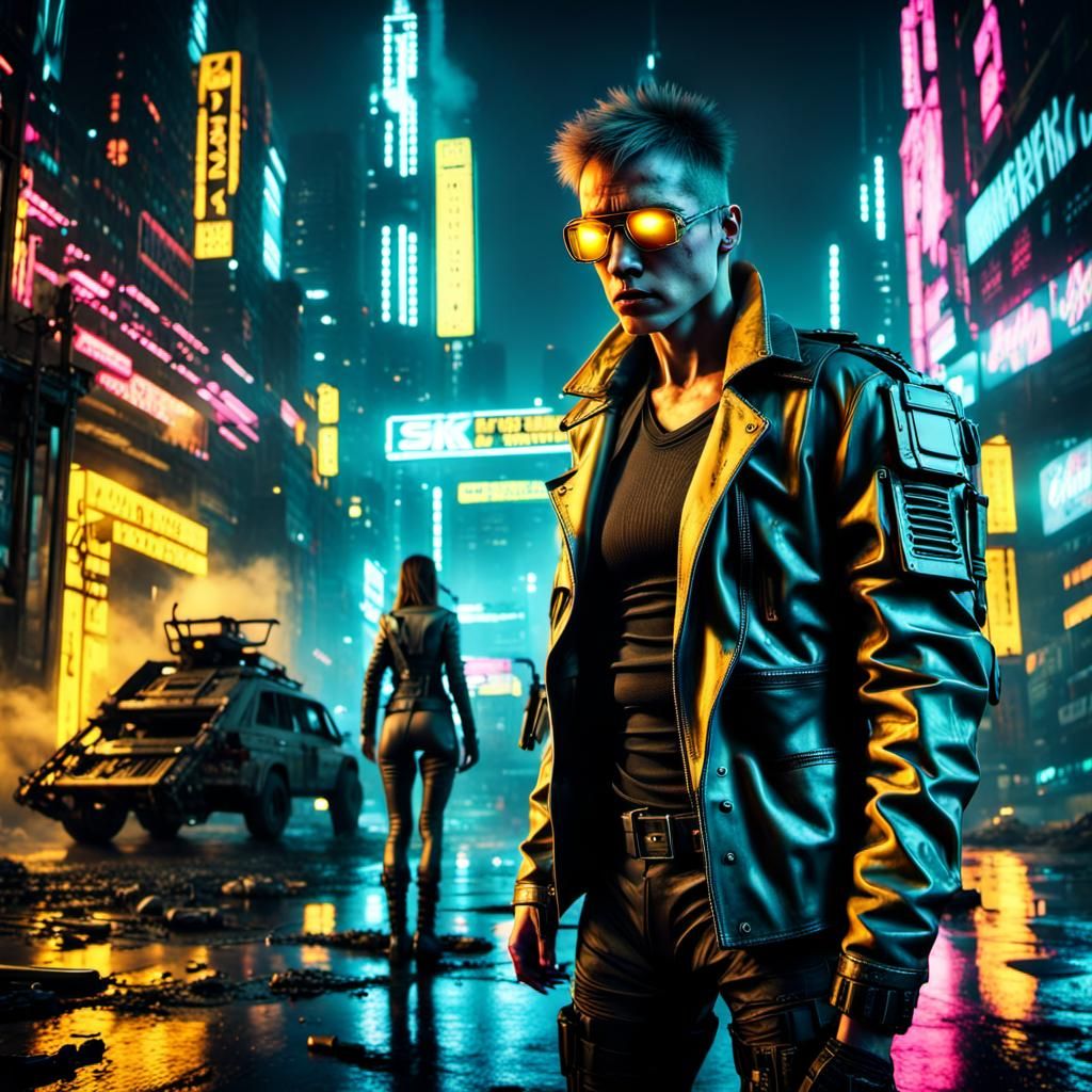 Cyberpunk Terminator in Neon Dystopian Battlefield