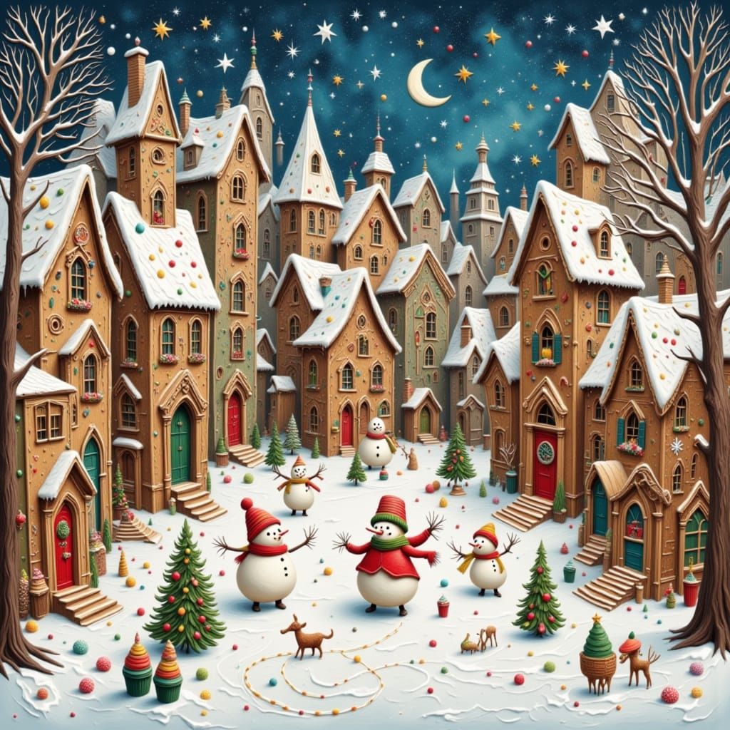 Festive Snowmen Dancing in a Wonky Gingerbread Village