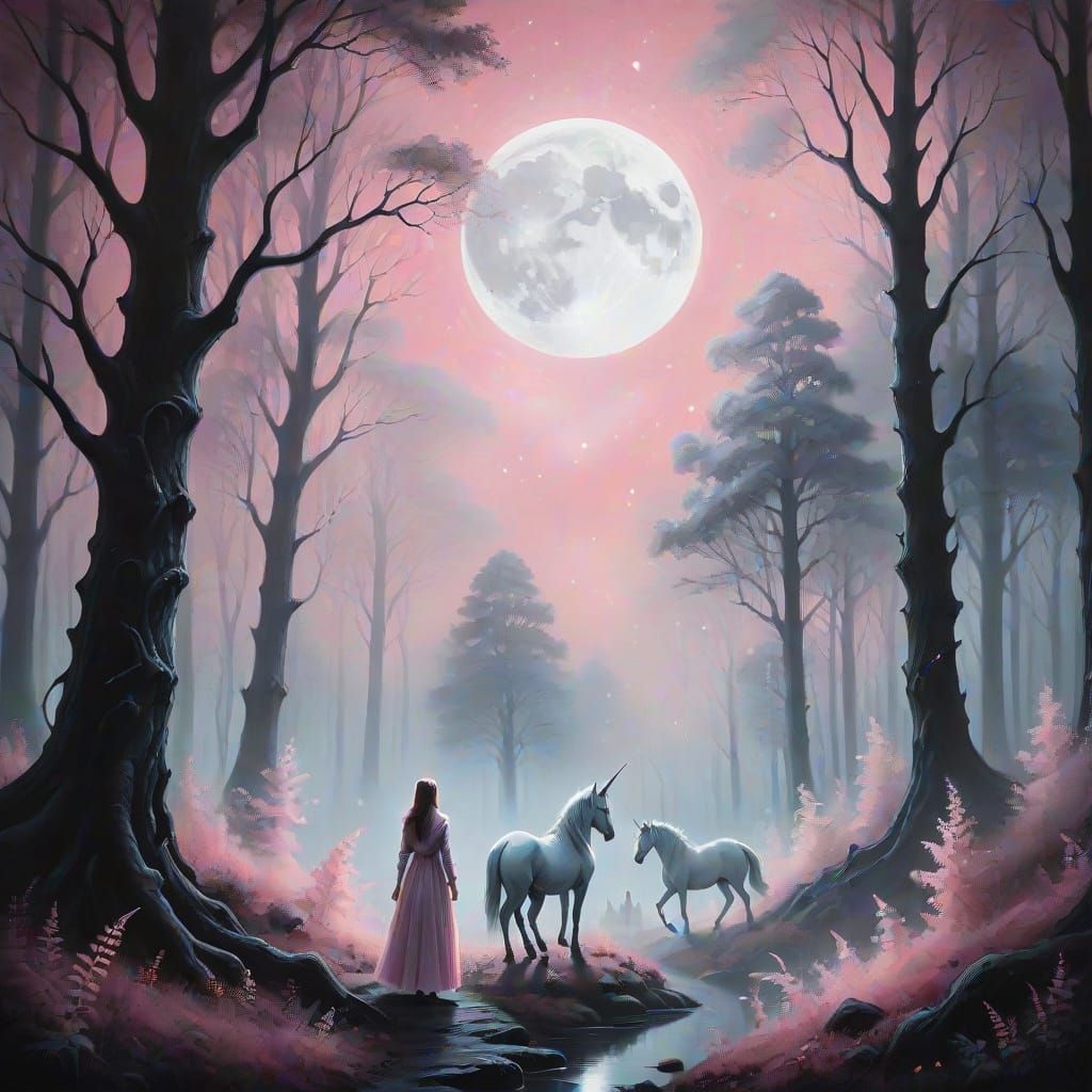 Ethereal Unicorns in Moonlit Forest, Black and White with Pi...