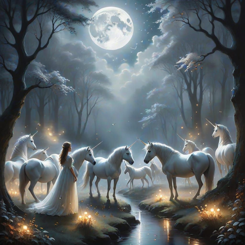 Ethereal Unicorns in Moonlit Clearing - Autumn Equinox