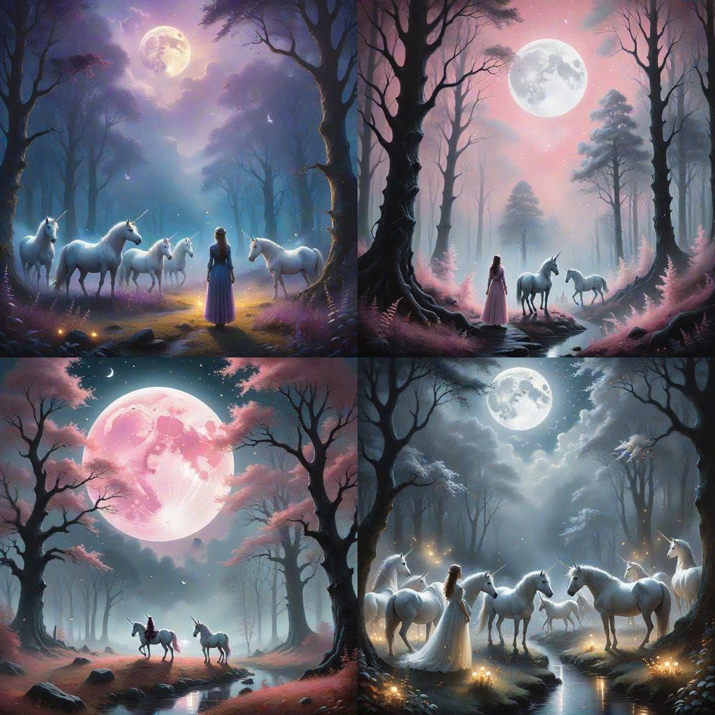 Ethereal Unicorns Under Pink Moons in Autumn