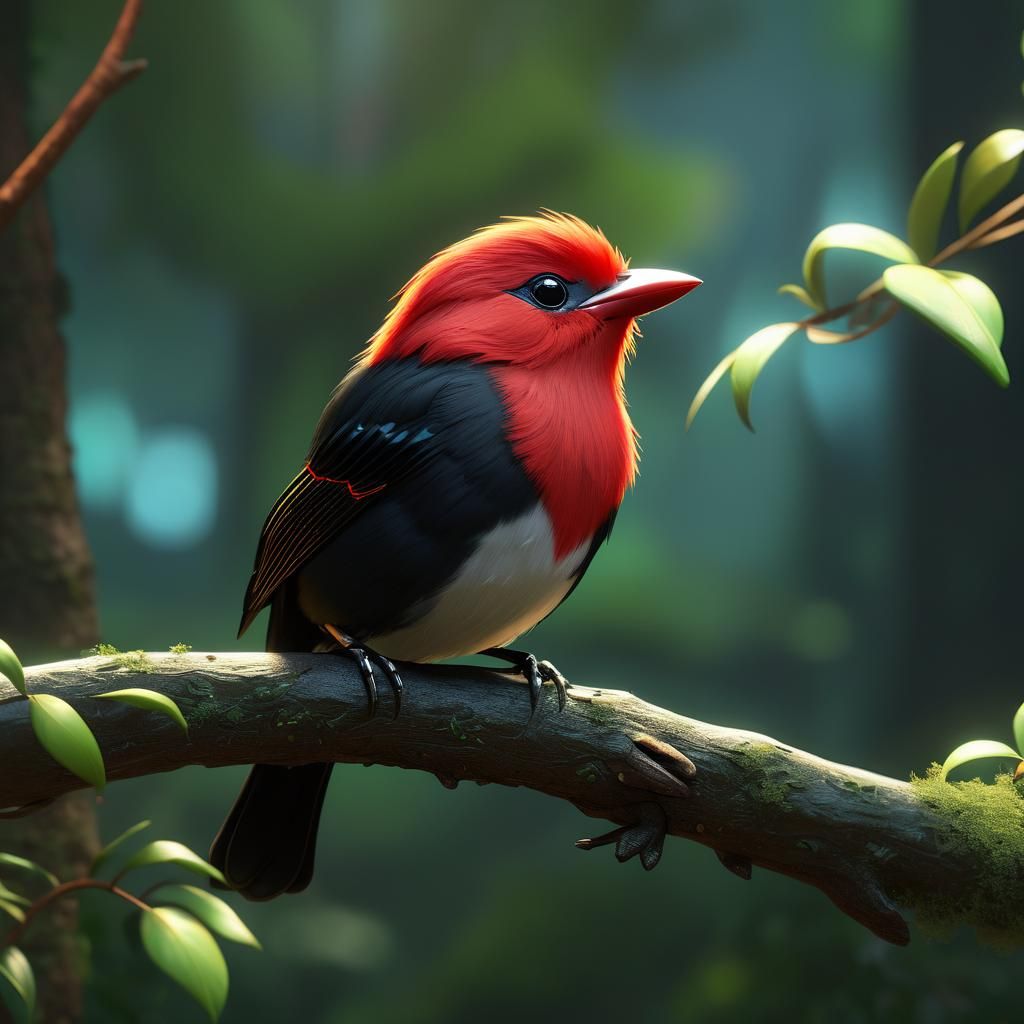 Detailed Red-headed Manakin Bird Portrait in 3D Anime Art St...