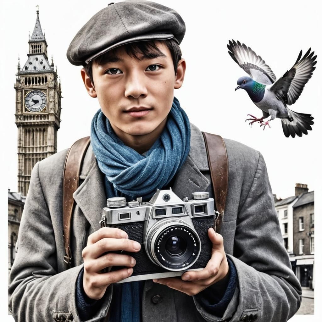 Boy Photographer in London, Vintage Postcard Style