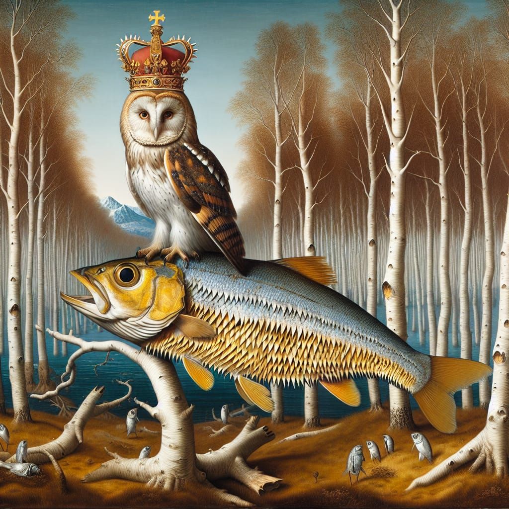 Dürer-Style Owl with Golden Crown and Birch Trees